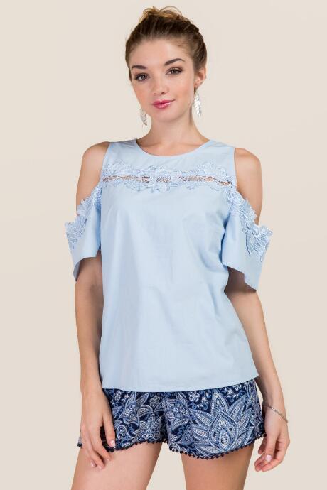Blue Rain Lesly Crochet Trim Cold Shoulder Top - Oxford Blue