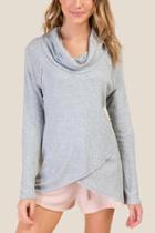 Francesca's Bella Cozy Waffle Knit Cowl Cross Front Top - Heather Gray