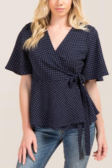 Francesca's Celeste Polka Dot Wrap Blouse - Navy