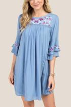 Francesca's Rosie Embroidered Ruffle Sleeve Shift Dress - Oxford Blue
