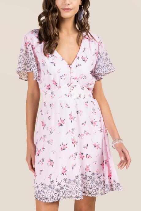 Francesca's Liz Button Front Floral Shirt Dress - Pink