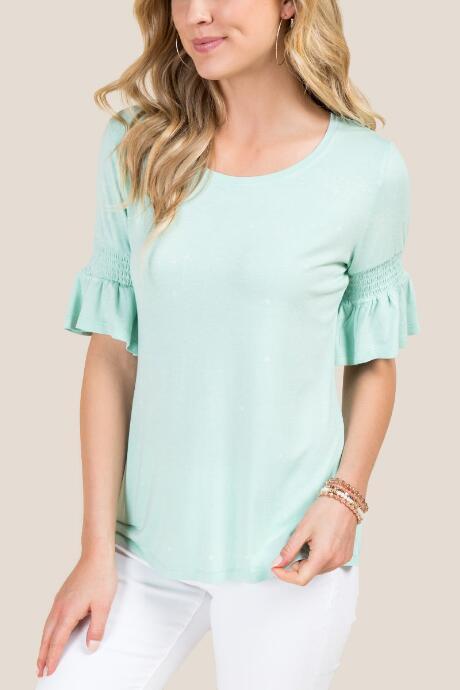 Francesca's Juliette Smocked Sleeve Mineral Tee - Mint
