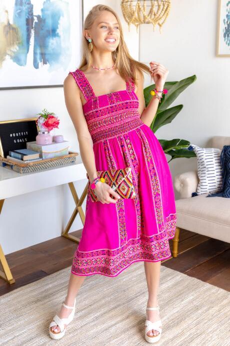 Francesca's Alanna Smocked Midi Dress - Magenta