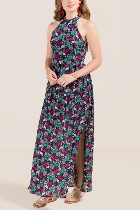 Francesca's Maris Tie Neck Tropical Side Slit Maxi Dress - Navy