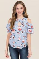 Dee Elle Tanya Key Hole Ruffle Cold Shoulder Floral Top - Oxford Blue