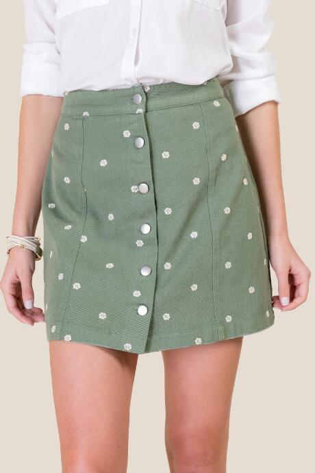 Francesca's Savannah Daisy Embroidered, Mini Skirt - Moss