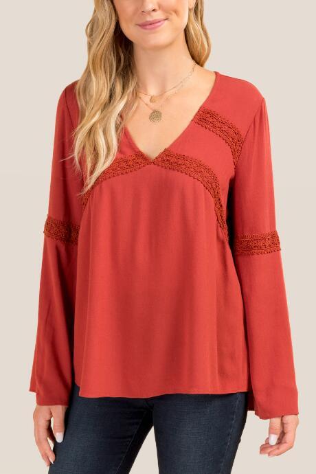 Francesca's Tina Crochet Trim Blouse - Cinnamon