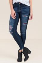 Harper Mid Rise Plaid Patched Destructed Jeans - Dark