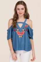 Blue Rain Delanie Gigi Cold Shoulder Embroidered Tencel Top - Chambray