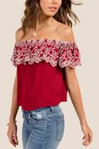 Francesca Inchess Carly Off The Shoulder Embroidered Top - Burgundy