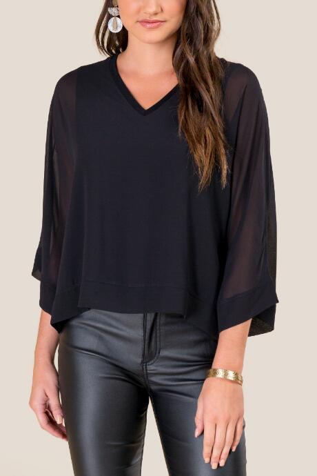 Francesca's Camilla Sheer Sleeve V-neck Blouse - Black