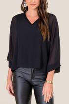 Francesca's Camilla Sheer Sleeve V-neck Blouse - Black
