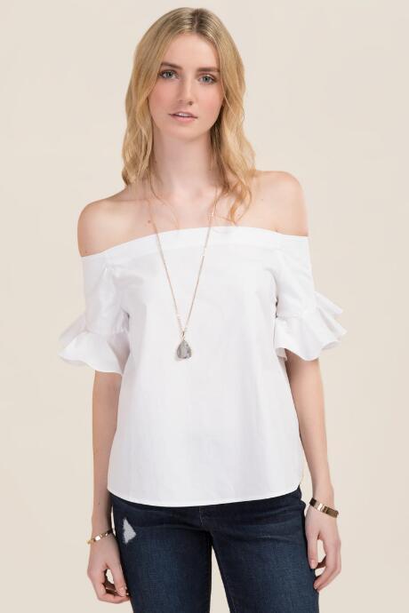 Timing Ariel Ruffle Off The Shoulder Poplin Top - White