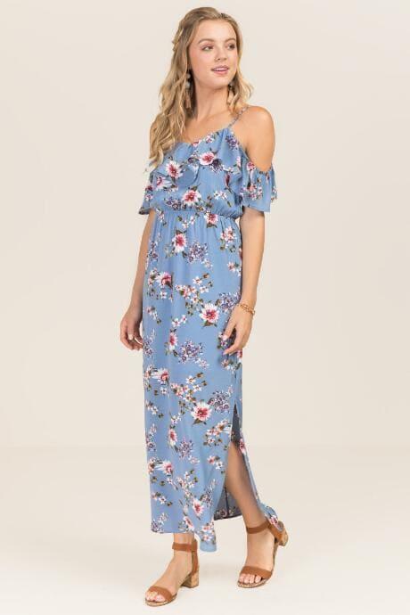 Blue Rain Giselle Floral Ruffle Cold Shoulder Maxi Dress - Oxford Blue