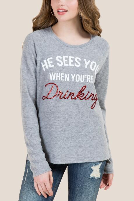 Francesca's He Sees You Drinking Long Sleeve Tee - Heather Gray