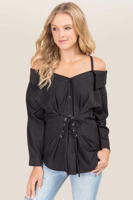 Salt & Pepper Clothing, Inc. Alexis Portrait Corset Button Down Top - Black
