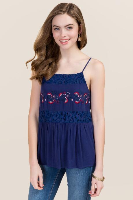Blue Rain Cici Embroidered Tier Tank - Navy
