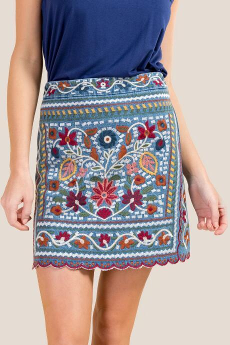 Francesca's Candice Embroidered Denim Skirt - Medium Wash