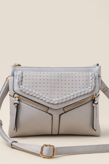 Francesca's Isa Studded Double Zip Crossbody - Light Gray