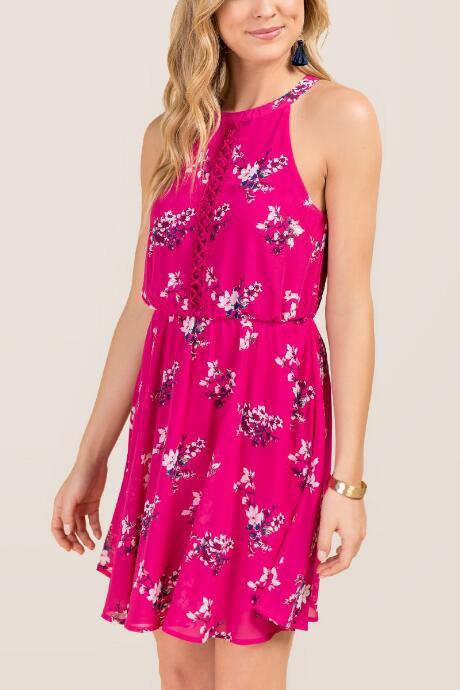 Francesca's Coco Floral Ladder Trim A-line Dress - Fuchsia