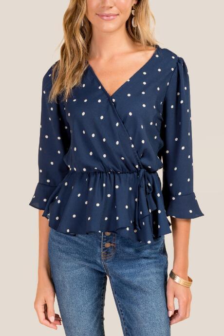 Francesca's Kennedy Polka Dot Wrap Blouse - Navy