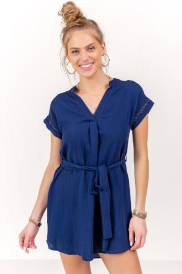 Edgemine Penelope Border Sleeve Shift Dress - Navy