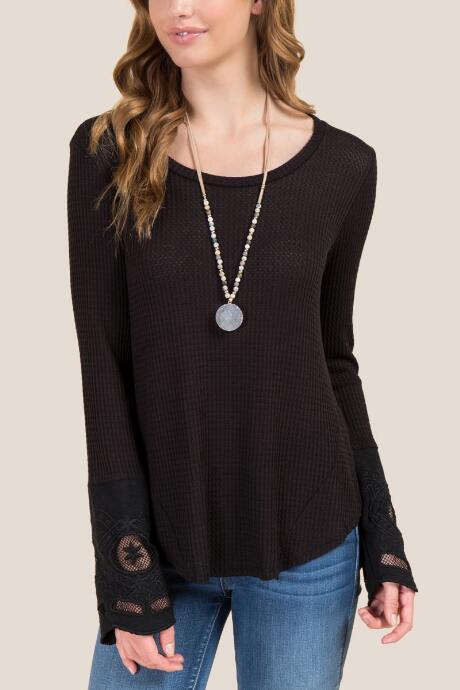 Francesca Inchess Delanie Crochet Sleeve Waffle Top - Black