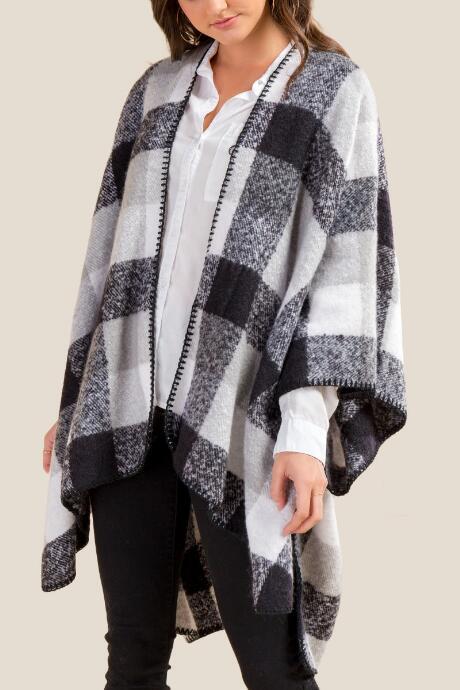 Francesca's Grace Plaid Ruana - Black/white