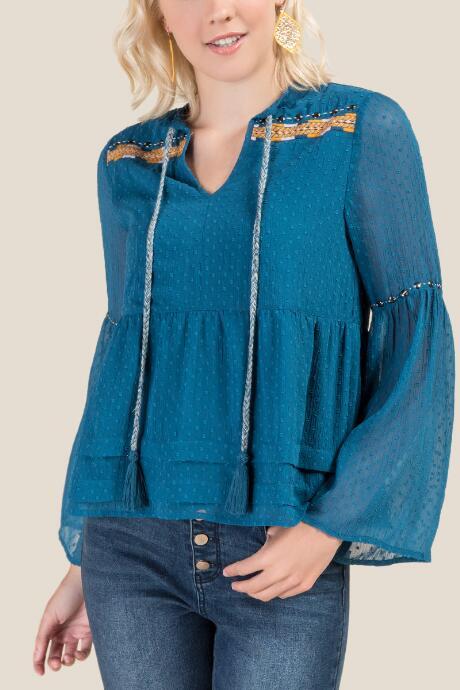 Francesca's Kori Embroidered Peasant Blouse - Dark Teal