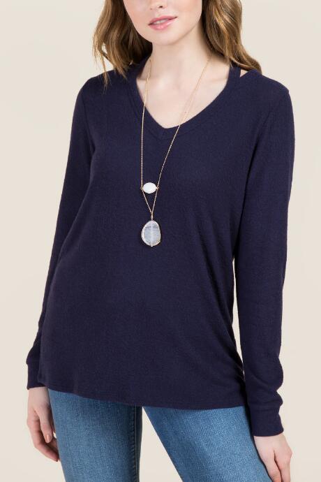 Francesca's Kelly Long Sleeve Clavicle Cut Out Hacci Top - Navy