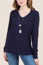 Francesca's Kelly Long Sleeve Clavicle Cut Out Hacci Top - Navy