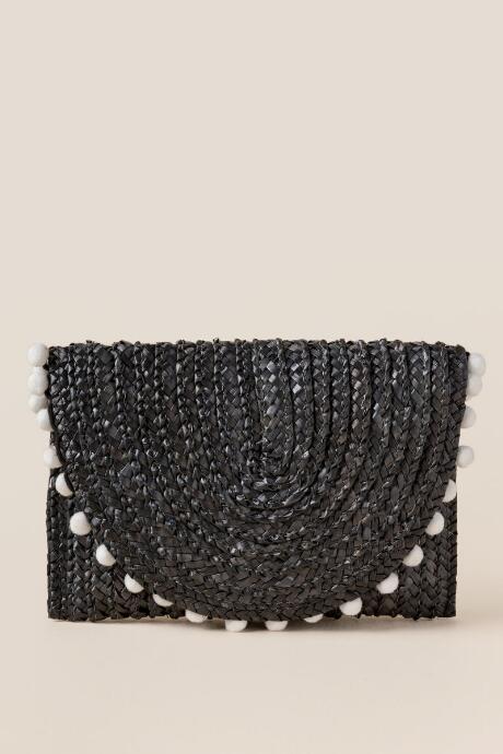 Francescas Reagan Straw Pom Clutch In Black - Black