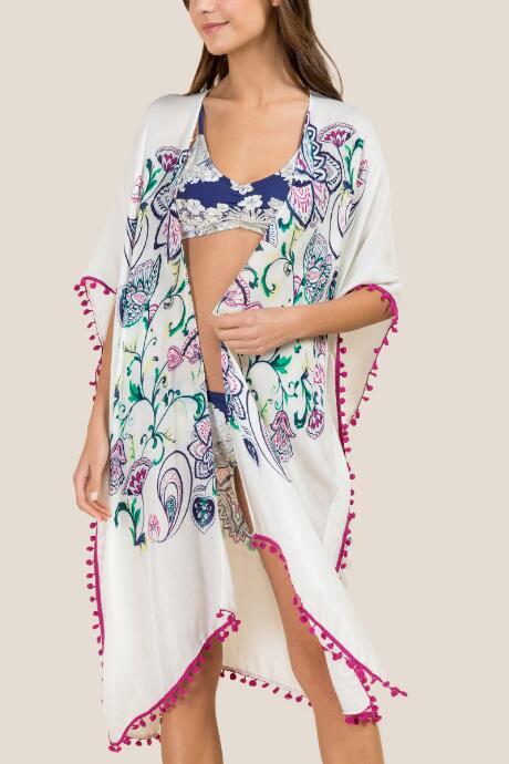 Francesca Inchess Ivie Floral Border Pom Trim Cover-up - Ivory