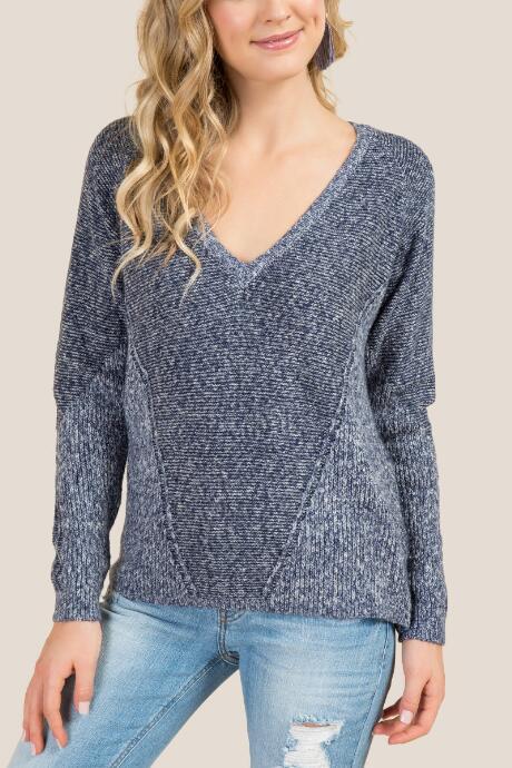 Francesca's Torin V Neck Pointelle Sweater - Navy