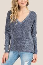 Francesca's Torin V Neck Pointelle Sweater - Navy
