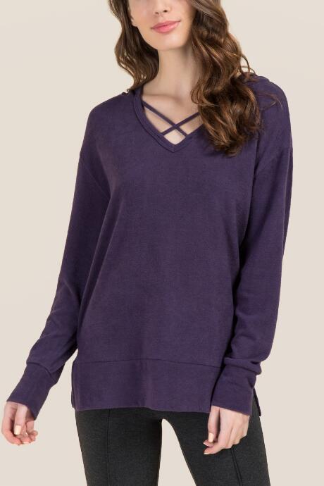 Francesca's Vivi Long Sleeve Strappy Neck Hoodie - Navy