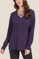 Francesca's Vivi Long Sleeve Strappy Neck Hoodie - Navy