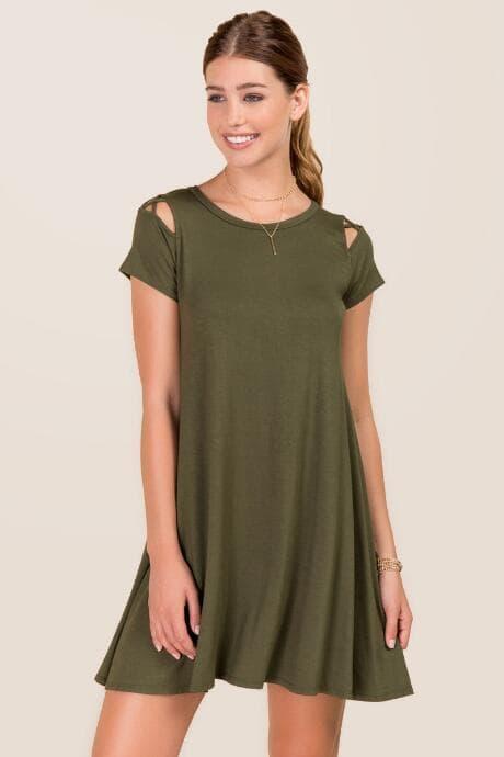Alya Sunny Lattice Sleeve Shift Dress - Dark Olive