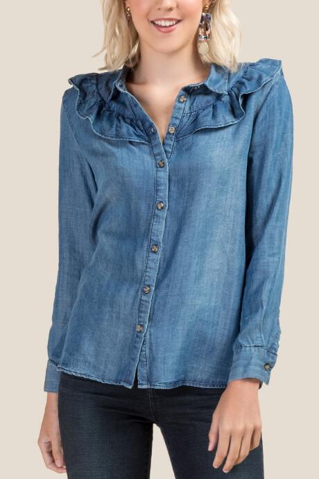Francesca's Missy Ruffle Button Down Top - Medium Wash