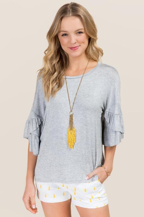 Alya Luda Tier Ruffle Sleeve Knit Tee - Heather Gray