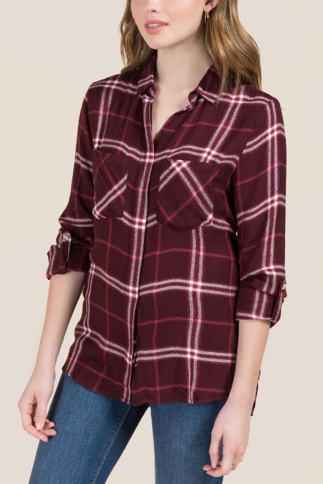 Francesca's Nori Long Sleeve Split Back Plaid Top - Burgundy