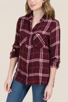 Francesca's Nori Long Sleeve Split Back Plaid Top - Burgundy