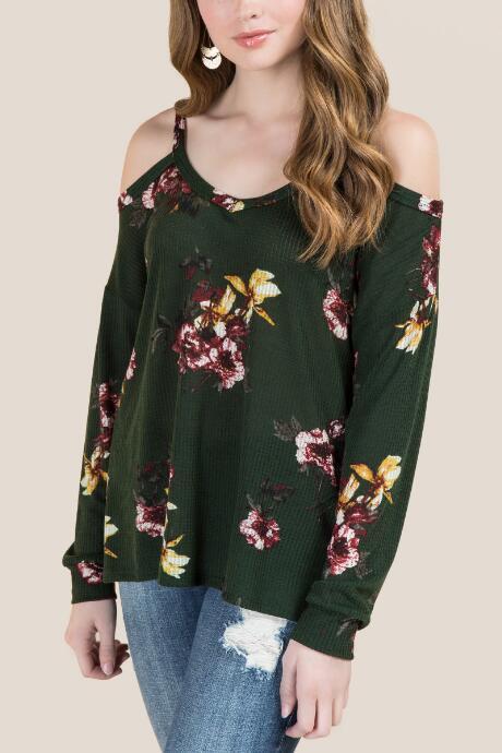 Francesca's Cady Floral Cold Shoulder Waffle Top - Hunter Green