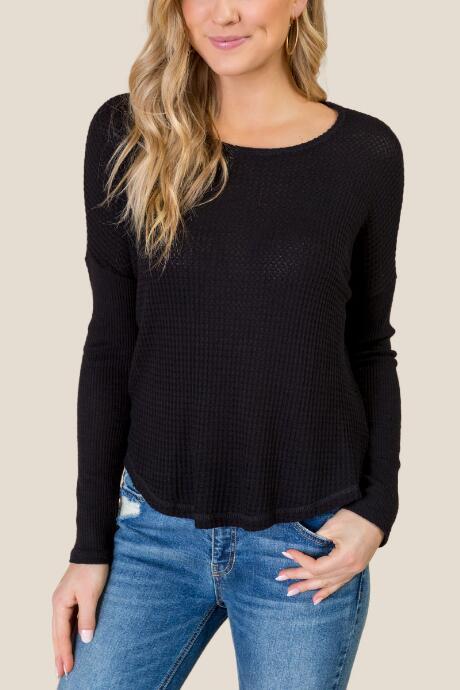 Francesca's Ravenna Waffle Knit Top - Black