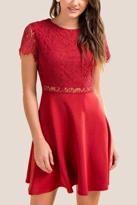 Francesca's Sara Short Sleeve Lace Dress - Brick