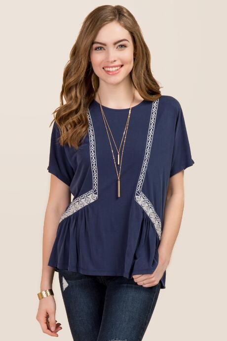 Alya Emery Embroidered Loose Peplum Cupro Top - Navy