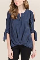 Francesca's Caddie Pleat Front Tie Sleeve Top - Navy