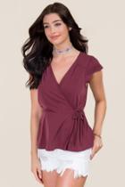 Francesca's Emily Flutter Sleeve Wrap Cupro Top - Wine