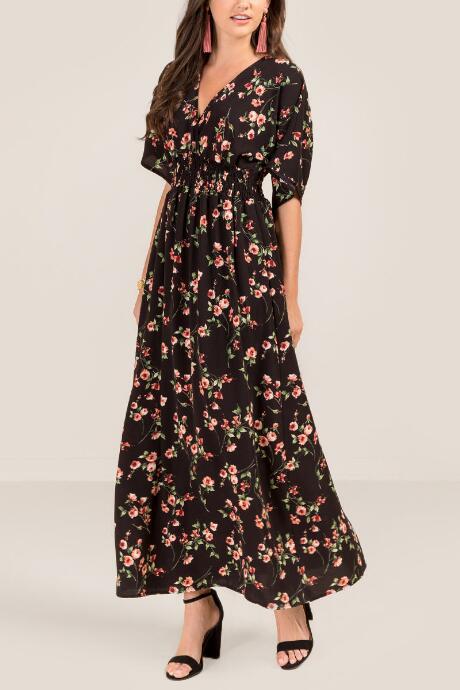 Francesca's Candace Ruched Waist Floral Maxi Dress - Black