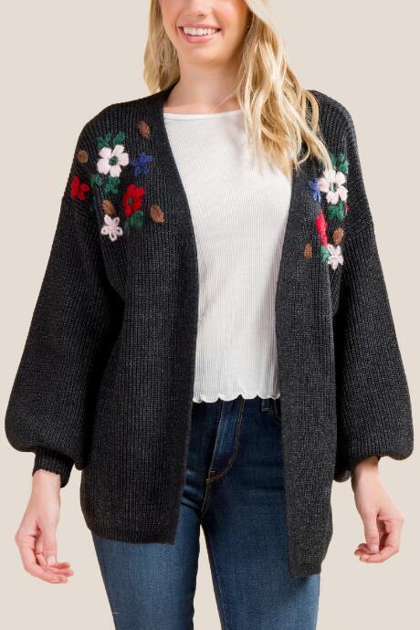 Francesca's Hollis Floral Embroidered Cardigan - Black